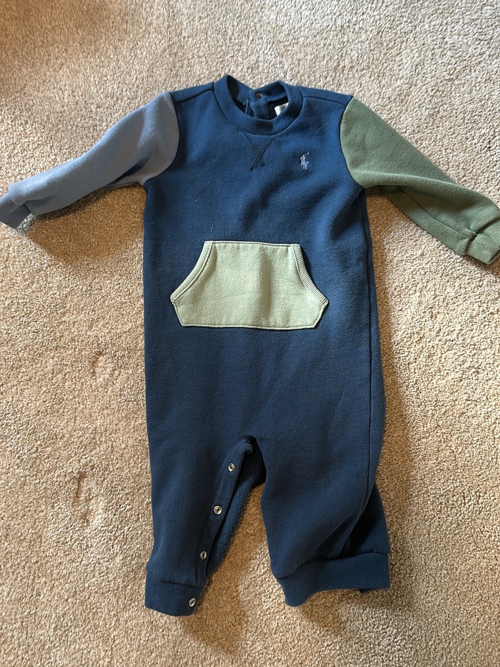 Ralph Lauren Navy Fleece One-Piece with Green & Light Blue Accents